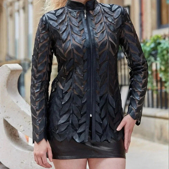 BY BELGIN FRANCIS BLACK LEATHER‎ JACKET SIZE 2X LEAF LONG SLEEVE SHEER - Picture 4 of 6